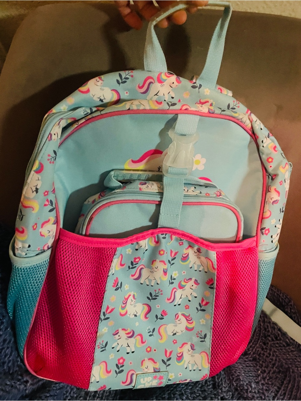 Kids Unicorn Print Light Blue and Pink Backpack